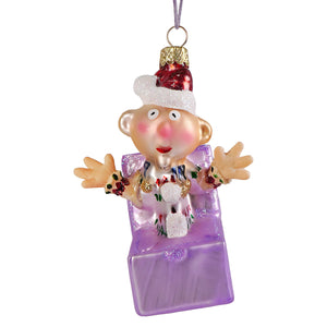 A festive retro rudolph character glass ornament featuring a cheerful elf in a red and white hat on a purple base
