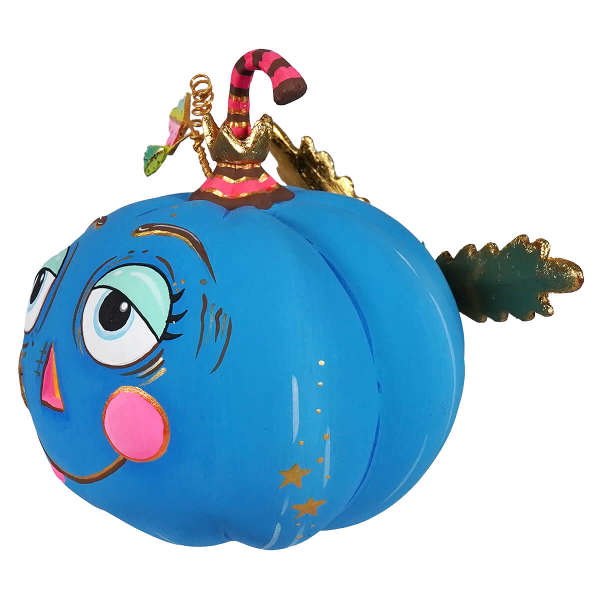 A cheery blue pixie ornament featuring a whimsical blue pixie pumpkin with painted eyes and a candy cane witch topper