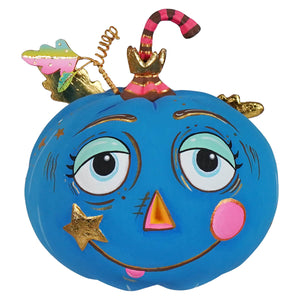 Cheery blue pixie pumpkin figurine with whimsical details in bright blue perfect for festive fall decor