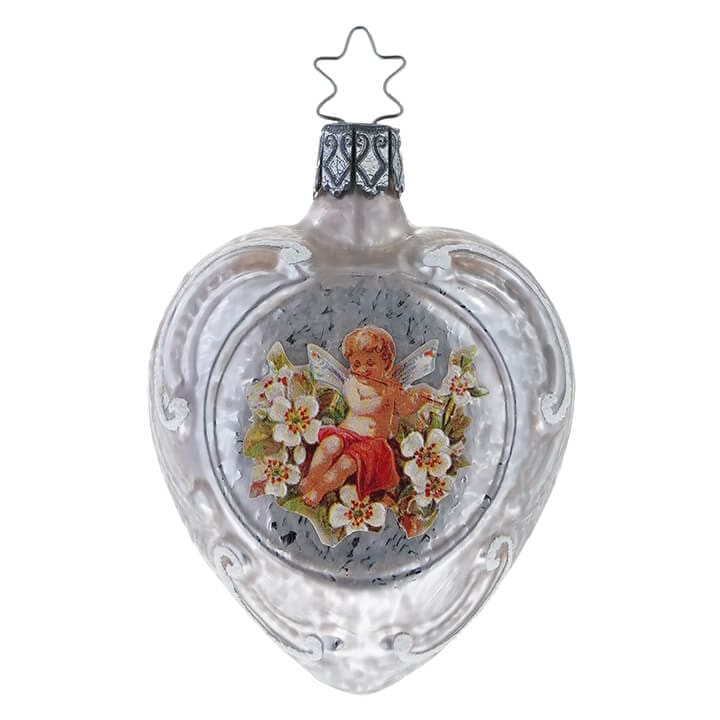 Cherub in Plumeria Vintage Holiday Heart Ornament