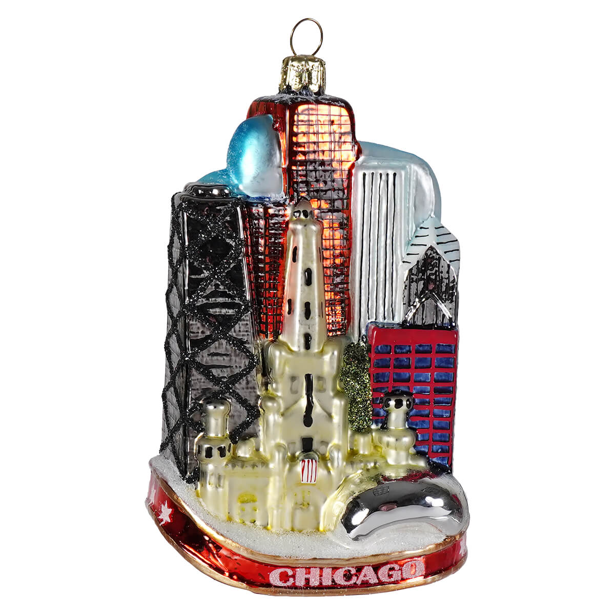 Chicago cityscape glass ornament with colorful detailed buildings and red base from kurt adler cityscapes collection