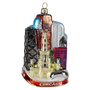 Chicago cityscape glass ornament with colorful detailed buildings and red base from kurt adler cityscapes collection
