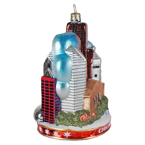 Vibrant chicago cityscape glass ornament with colorful skyline and glittery green grass from kurt adler cityscapes collection