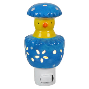 Blue ceramic chick night light shaped like chick with polka-dotted mushroom hat for easter lighted decor