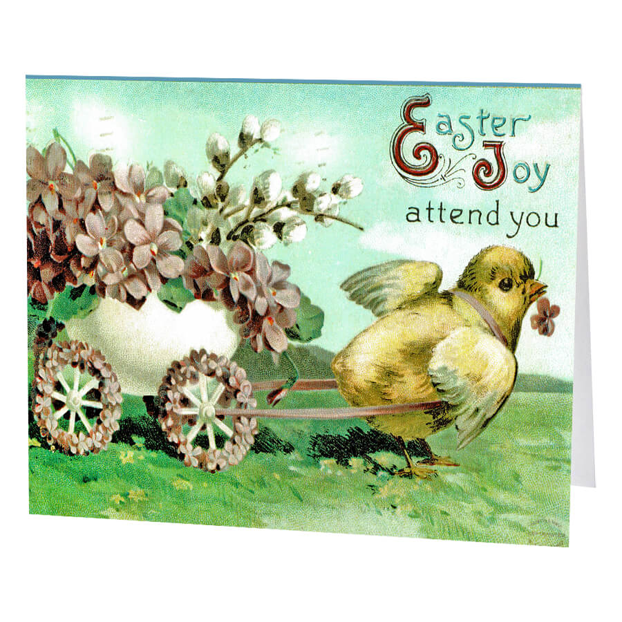 Vintage Easter greeting card featuring a chick pulling a cart of flowers.