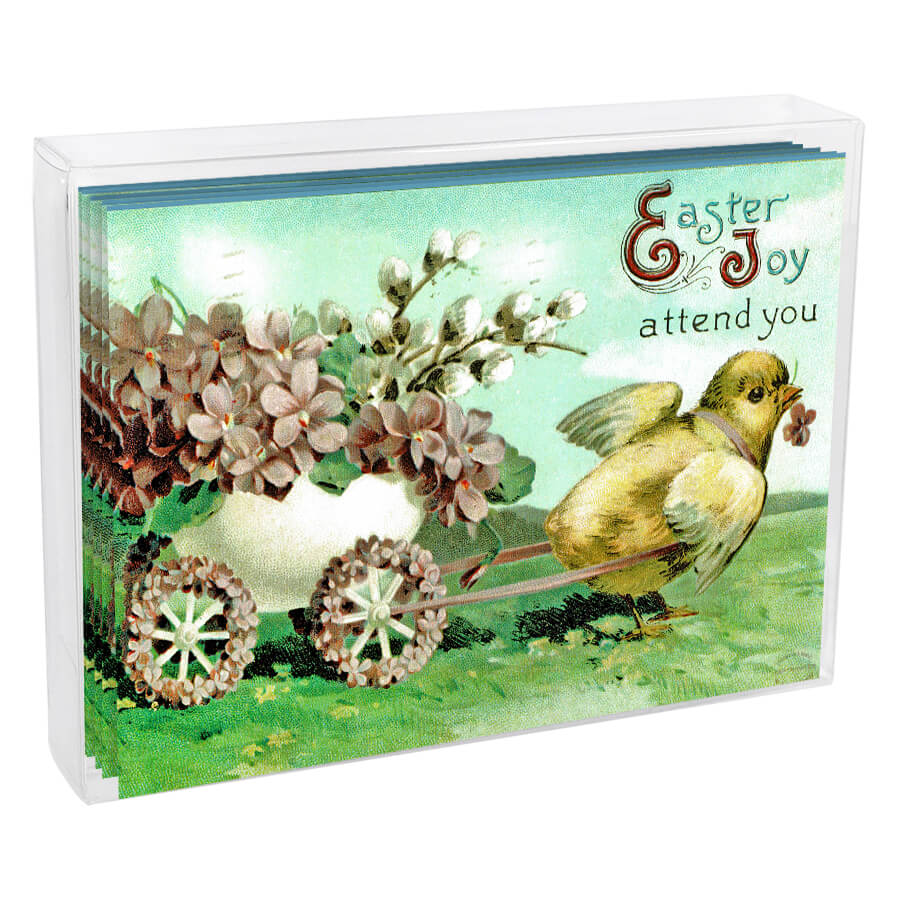 Vintage-style Easter greeting card featuring a chick pulling a cart of flowers.