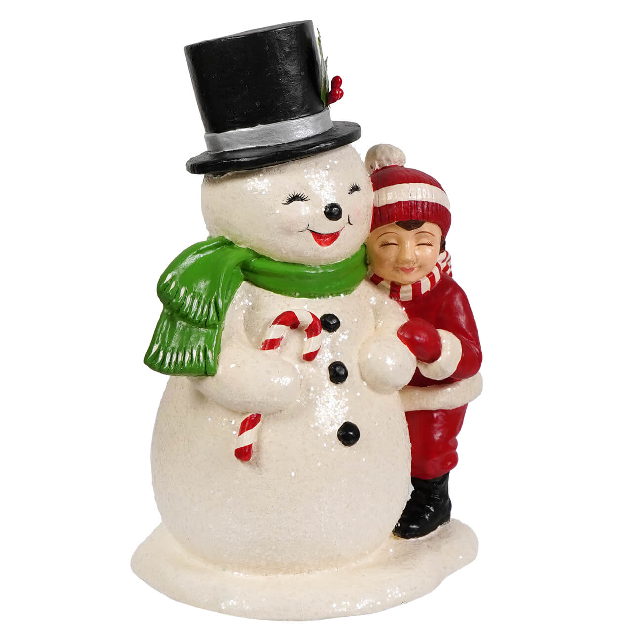 Cheerful white child hugging snowman figurine with black top hat green scarf holding candy canes from bethany lowe designs