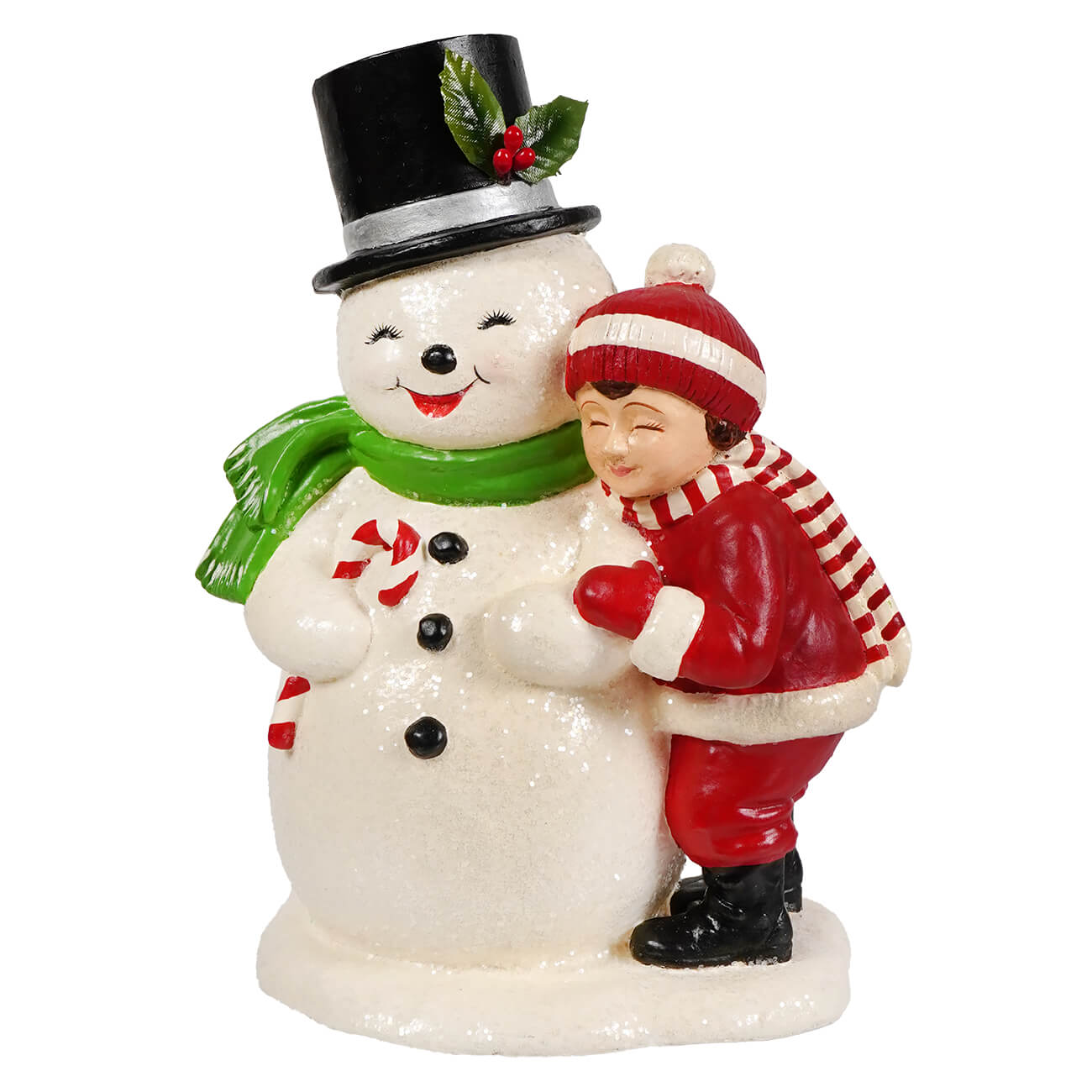 Child hugging snowman figurine by bethany lowe designs with black top hat green scarf and red candy cane buttons perfect for christmas snowman figures and decor