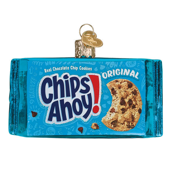 Blue metallic-wrapped chips ahoy original chocolate chip cookie christmas glass ornament with gold hanging loop for food & drink decor