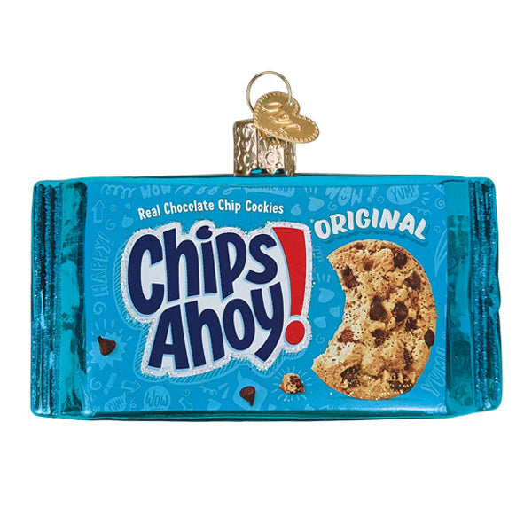 Blue glass chips ahoy christmas glass ornament shaped like cookie package with gold hanging loop dessert and confectionery ornament