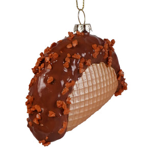 Choco taco glass ornament with glossy chocolate-dipped waffle cone and crumbled toffee bits on top