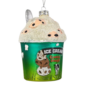 Chocolate chip cookie dough ice cream glass ornament with glittery green cup, silver spoon, and ben jerrys label food ornament