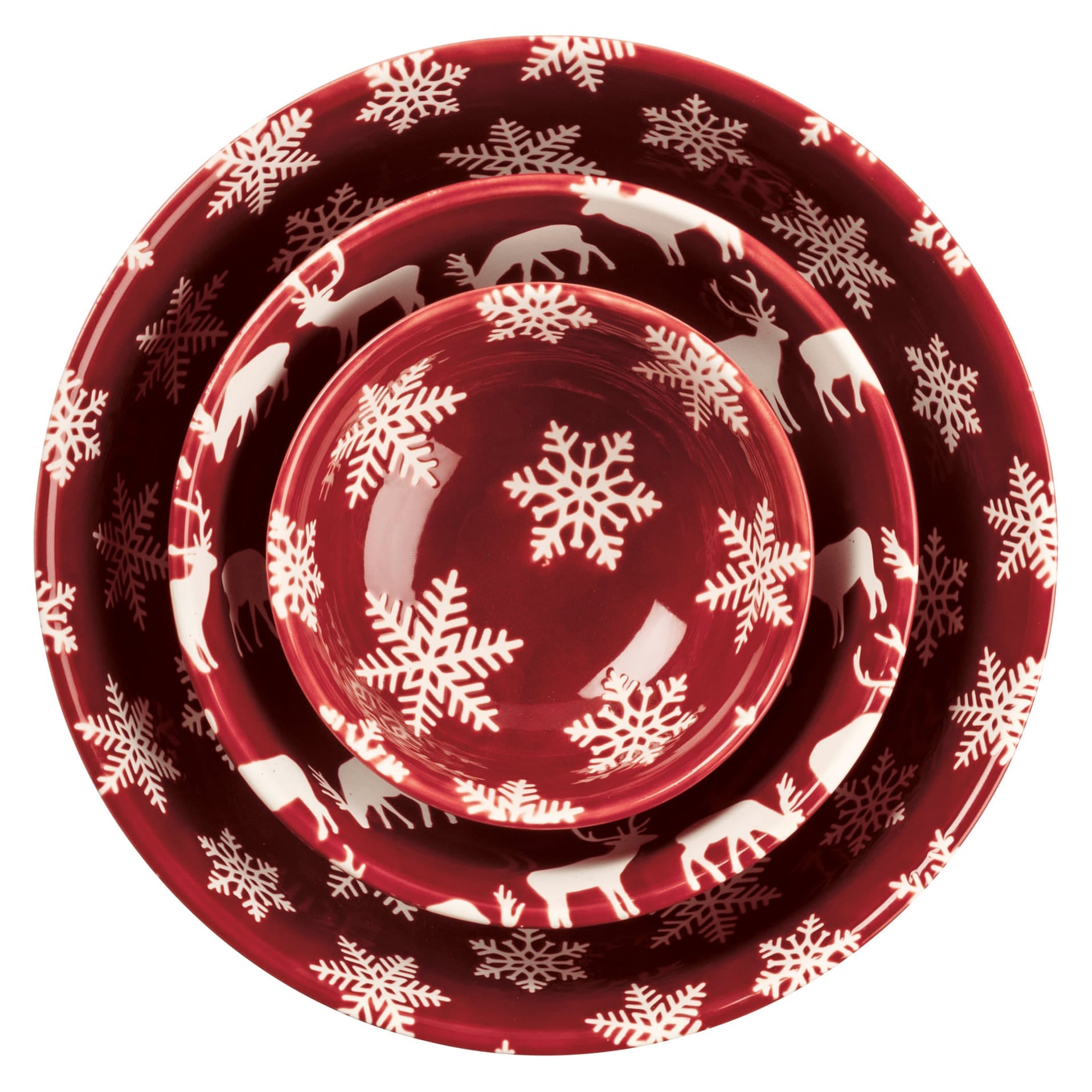 Set of three nested red ceramic christmas bowl set with white snowflake and reindeer patterns