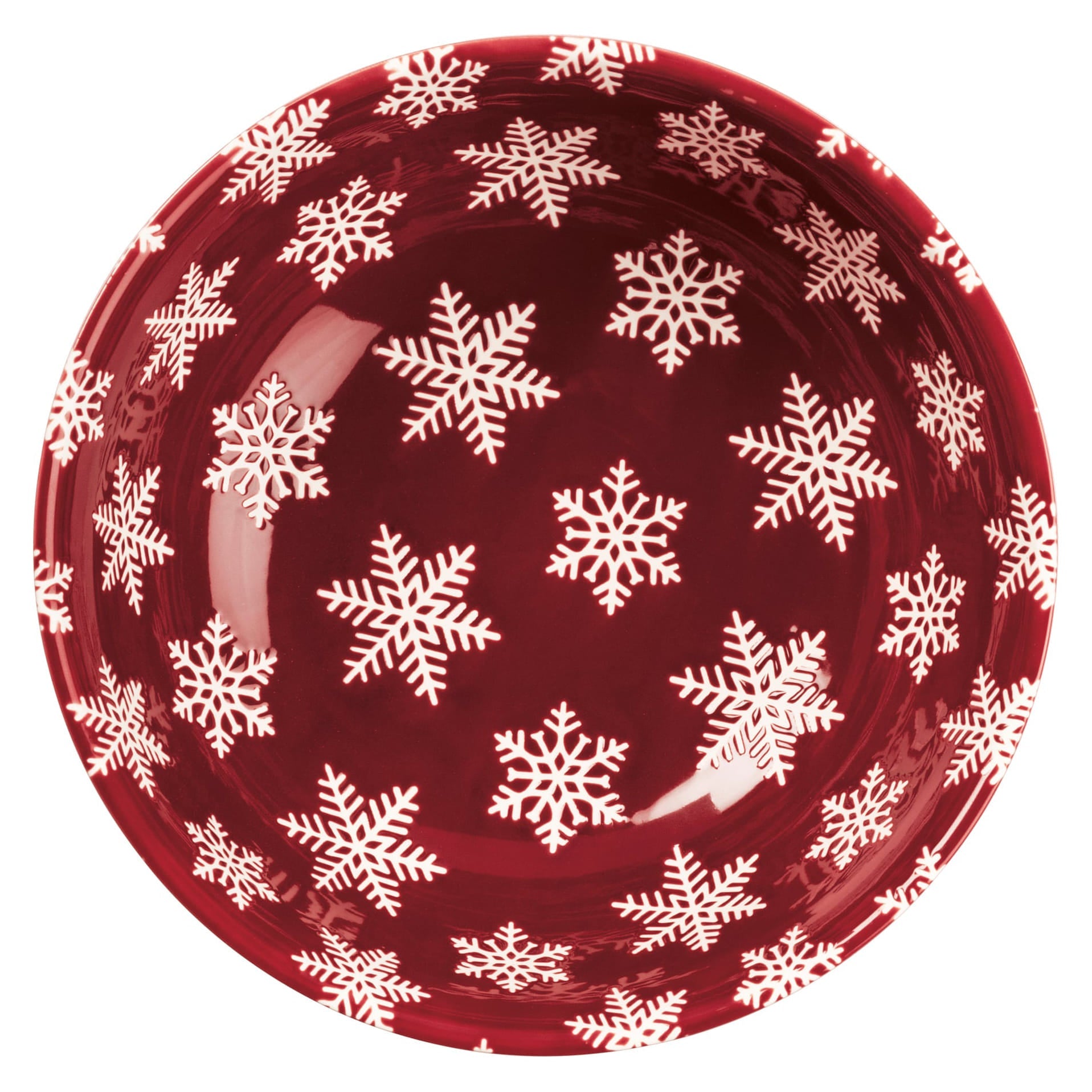 Glossy red ceramic christmas bowl with white snowflake pattern perfect for your christmas bowl set