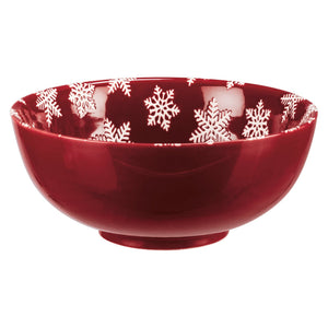 Glossy red ceramic christmas bowl set with white snowflake pattern perfect for holiday meals or decor