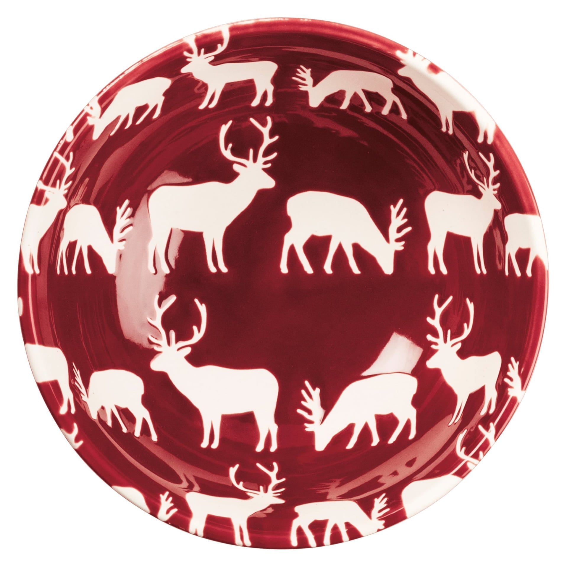 Glossy deep red ceramic plate with white deer pattern, part of a festive christmas bowl set perfect for holiday meals