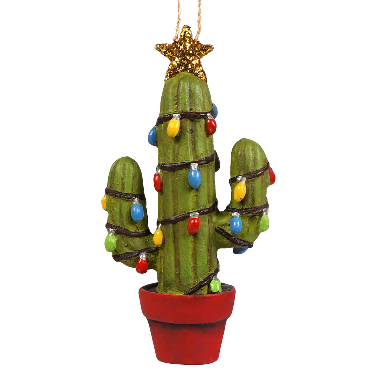 A festive hand-painted glass potted cactus ornament in green with colorful lights and a glittery gold star on top