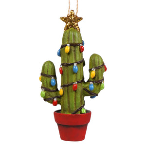 A festive hand-painted glass potted cactus ornament in green with colorful lights and a glittery gold star on top