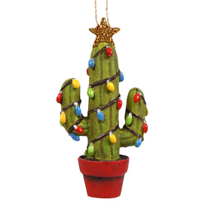 Festive hand-painted glass potted cactus ornament with colorful lights and a gold star in a red pot for christmas decor