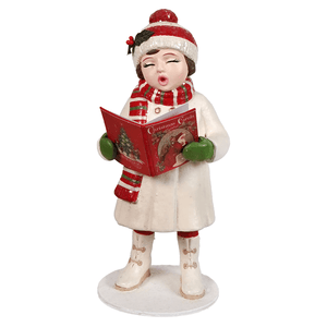 A charming white resin figurine of a child in festive winter attire holding a christmas caroling book perfect for christmas tabletop decor