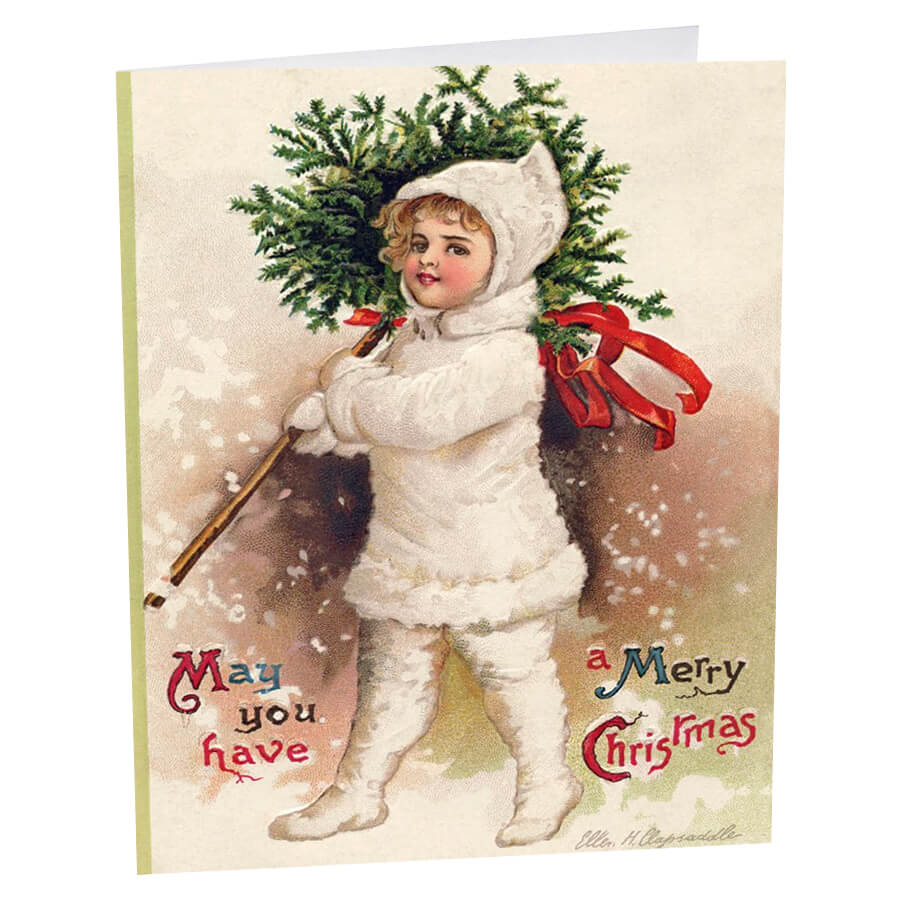 Vintage Christmas card featuring a child in white winter clothing carrying a small evergreen tree.