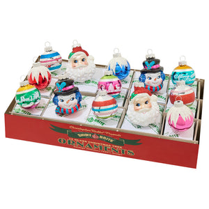 A decorated shape ornaments set with colorful glass christmas confetti figures featuring santa and snowmen designs