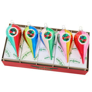 Set of five vibrant glossy glass tulip ornaments with colorful striped reflector indent designs for christmas decor