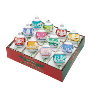 A set of 12 colorful confetti signature flocked round ornaments featuring festive holiday scenes in vibrant hues
