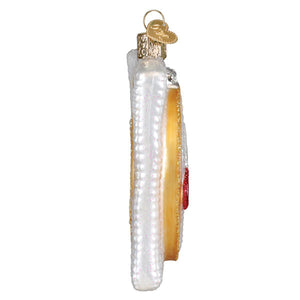 A clear glass christmas cross stitch ornament shaped like a sandwich with white bread cheese and tomato slices perfect figural decor