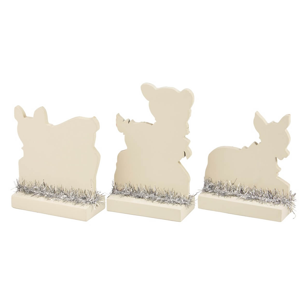 Three wooden animal-shaped silhouettes with silver tinsel bases.