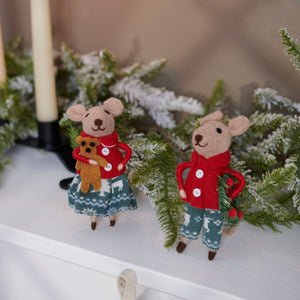 Two festive felt merry mouse critters in red and green holding a teddy bear and a wreath for christmas decor