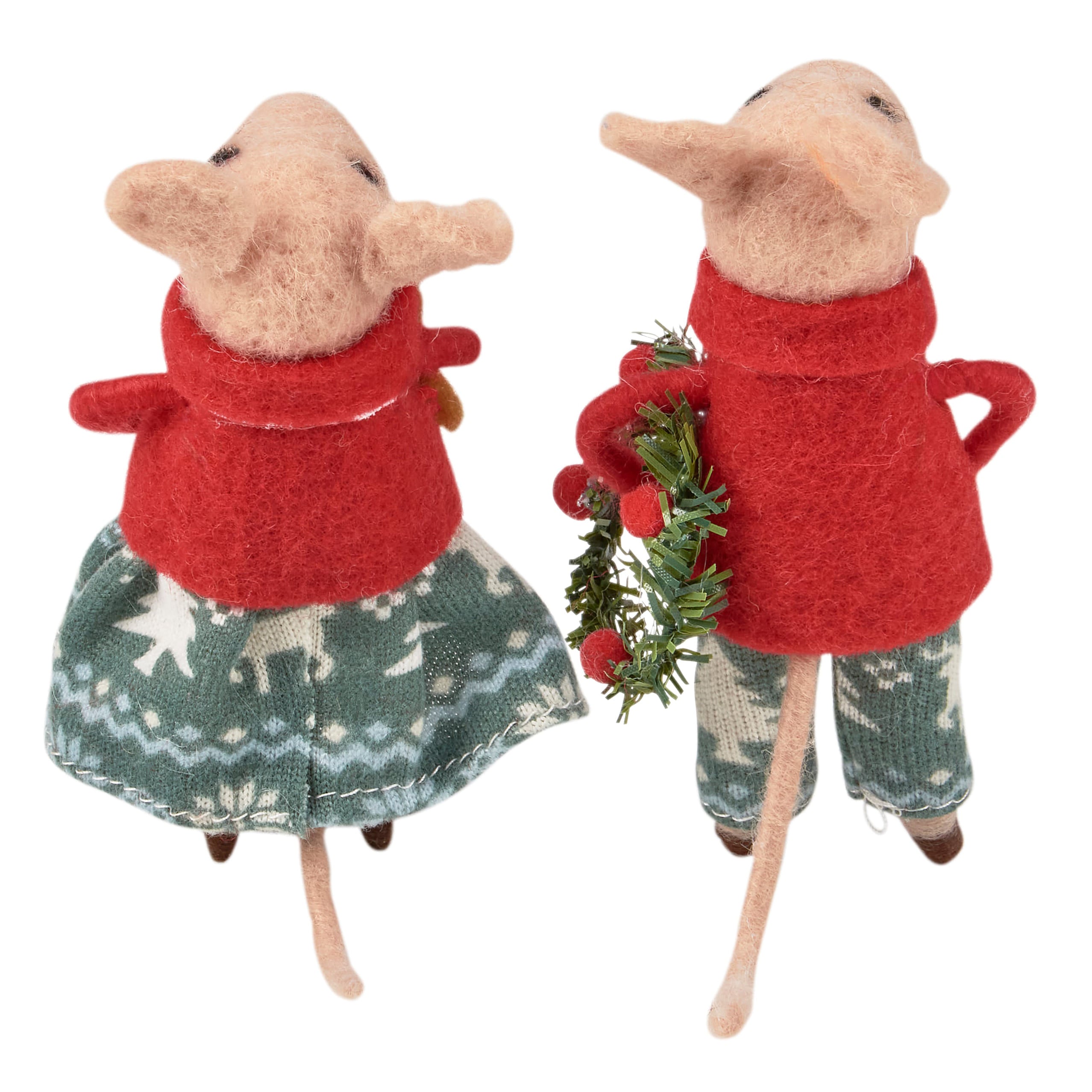 Two festive felt christmas mouse critters in red tops with green patterns one holding a miniature wreath