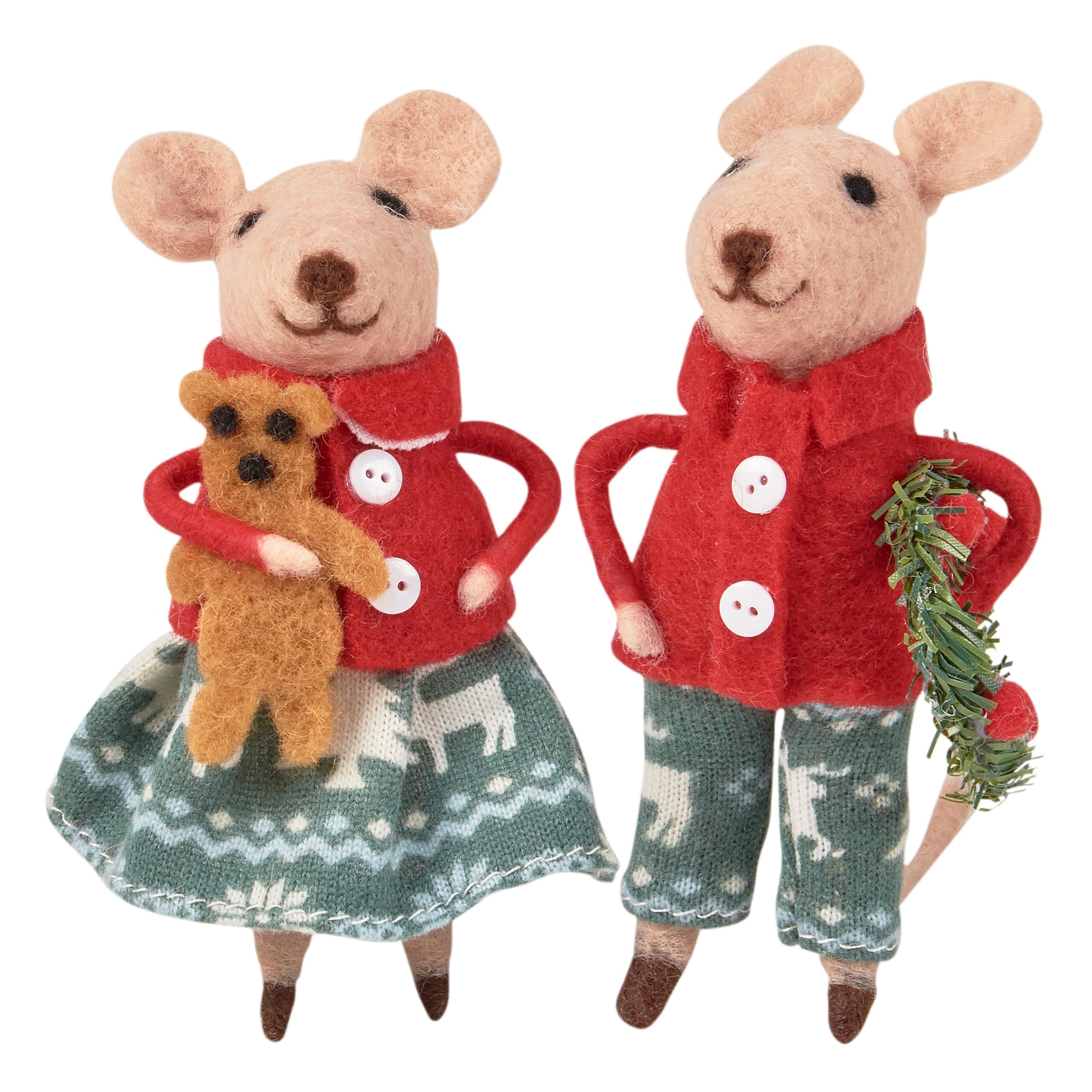 Felt christmas mouse critter set with festive red coats green knitwear holding teddy bear and pine garland