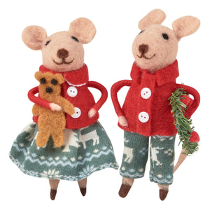 Felt christmas mouse critter set with festive red coats green knitwear holding teddy bear and pine garland