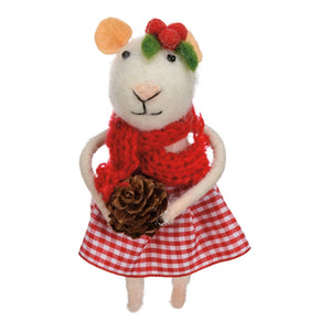 A charming white felt mouse critter ornament wearing a knitted red scarf and green berry wreath with included hanger