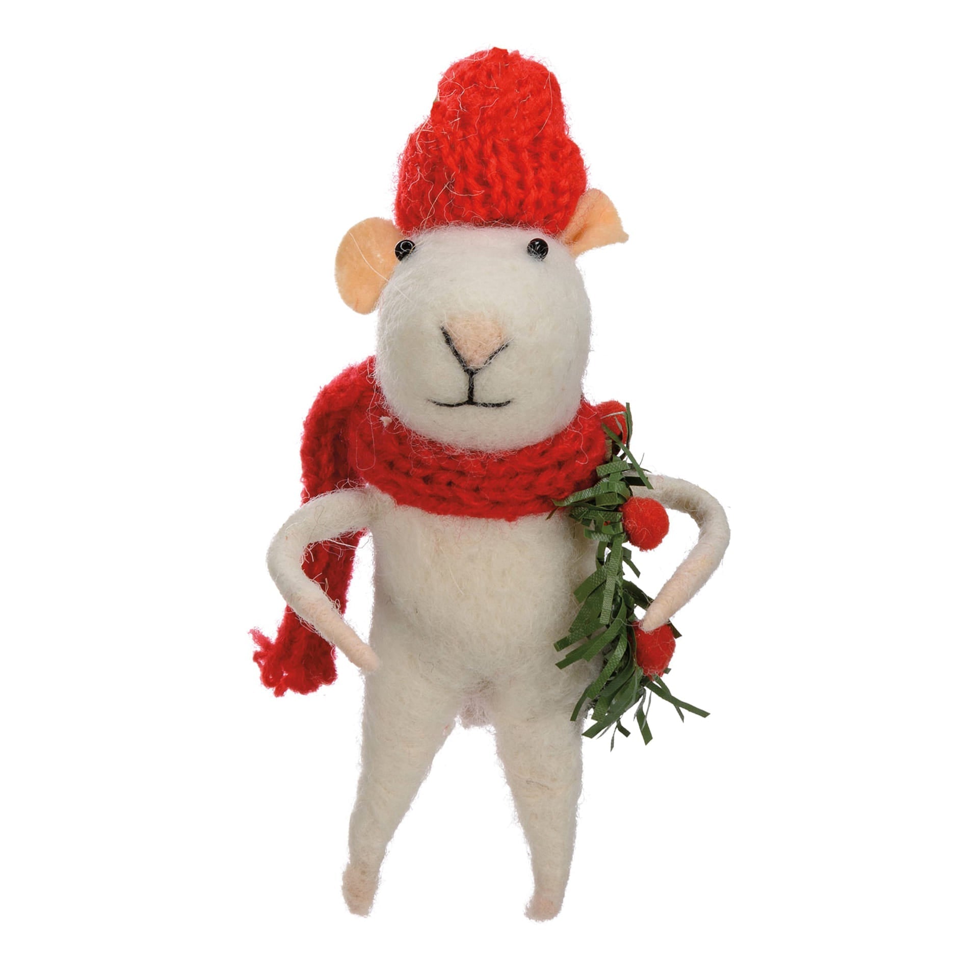 White felt mouse critter ornament wearing red scarf critter holding green wreath with red berries included hanger mouse