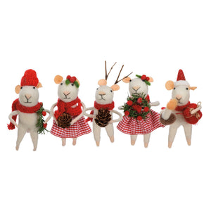 Five white felt mouse critter ornaments in festive red and green holiday hats and scarves with pinecone or wreath hangers