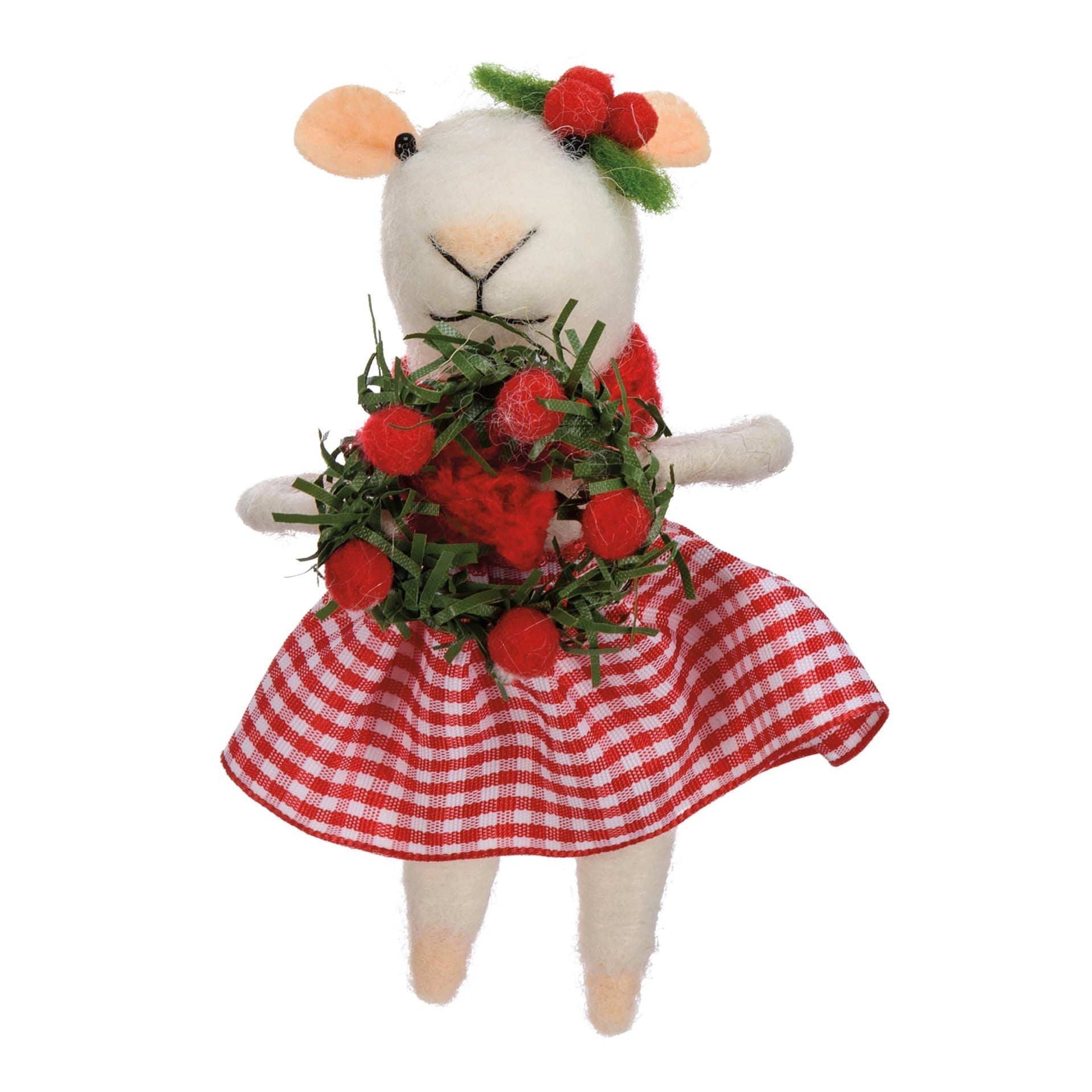 A white felt mouse critter ornament wearing a red and white gingham dress with greenery and red berries includes hanger mouse