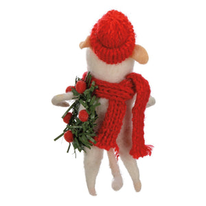 White felt sheep ornament with red scarf critter holding green wreath from christmas mice critter set with included hanger mouse