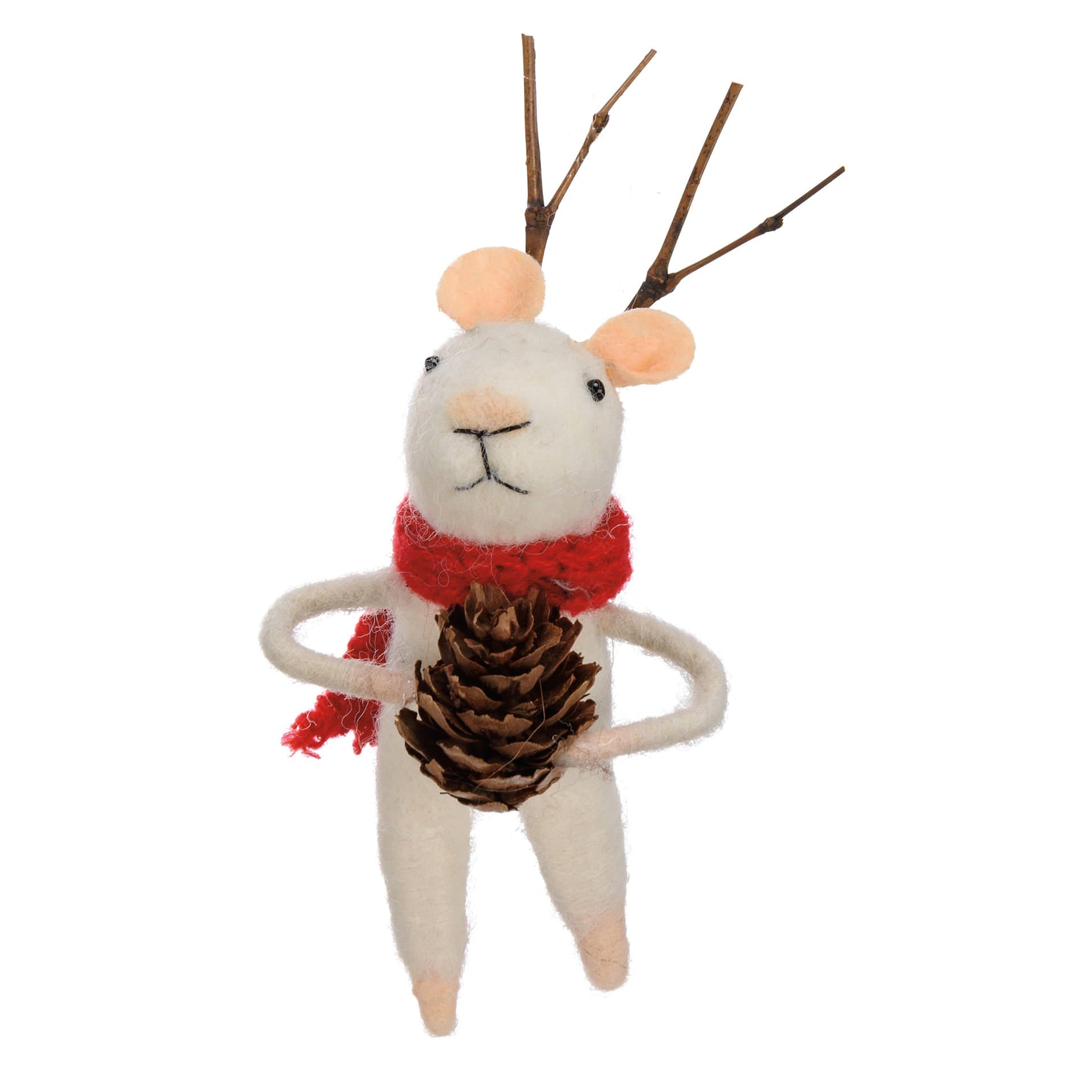 White felt reindeer ornament with orange ears red scarf critter holding pinecone included hanger mouse in christmas mice set