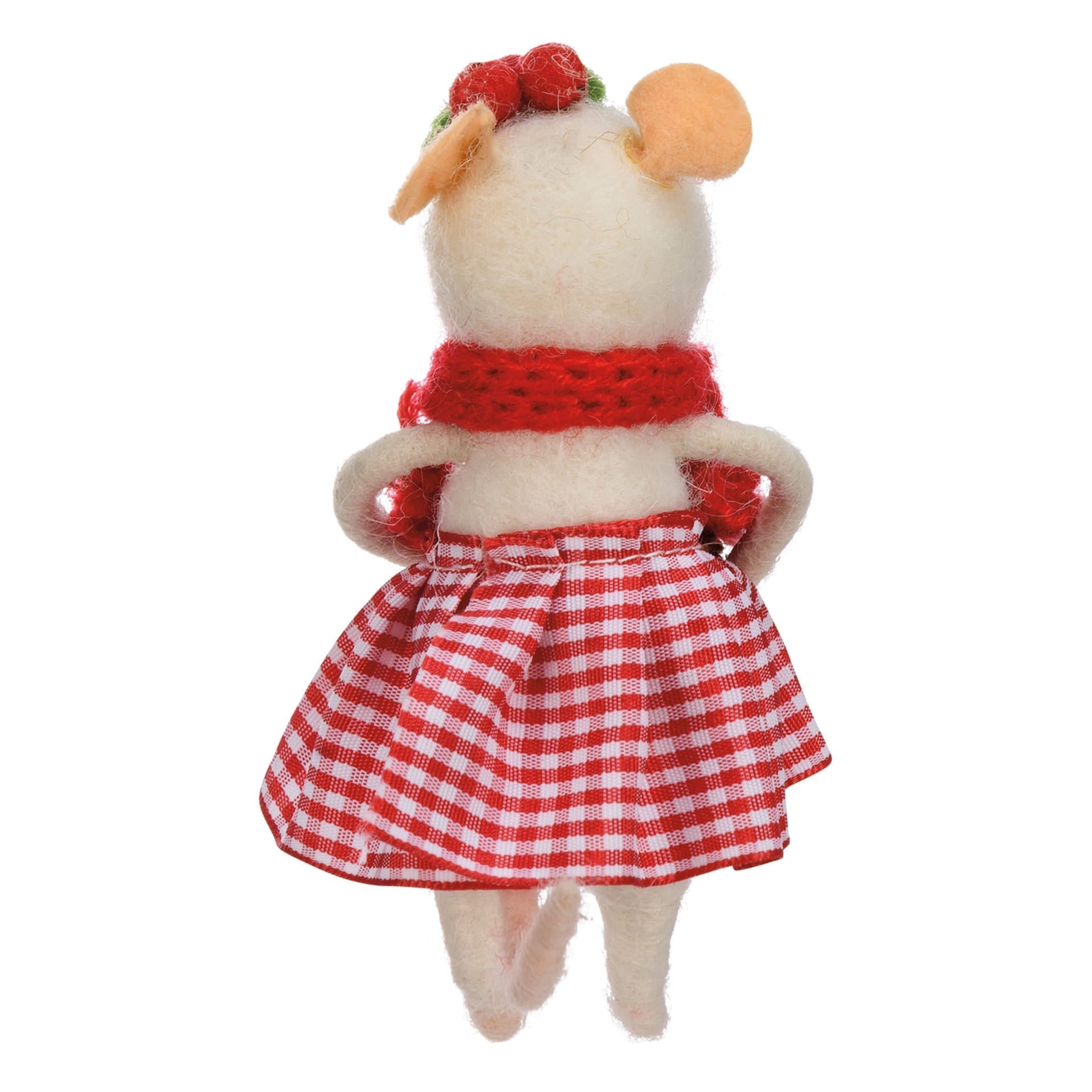 A charming white felt mouse critter ornament wearing a red scarf critter with a gingham skirt and strawberry headband