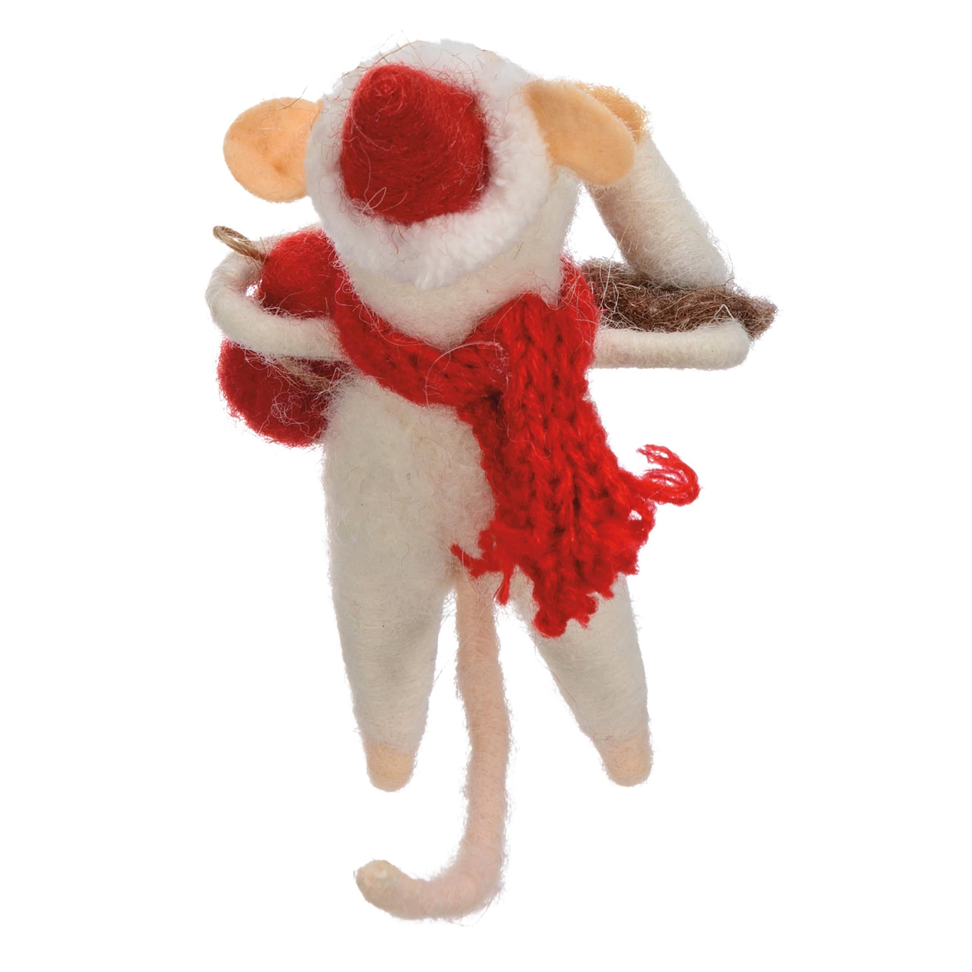 White felt mouse critter ornament wearing a red knitted scarf and fluffy red hat with included hanger mouse