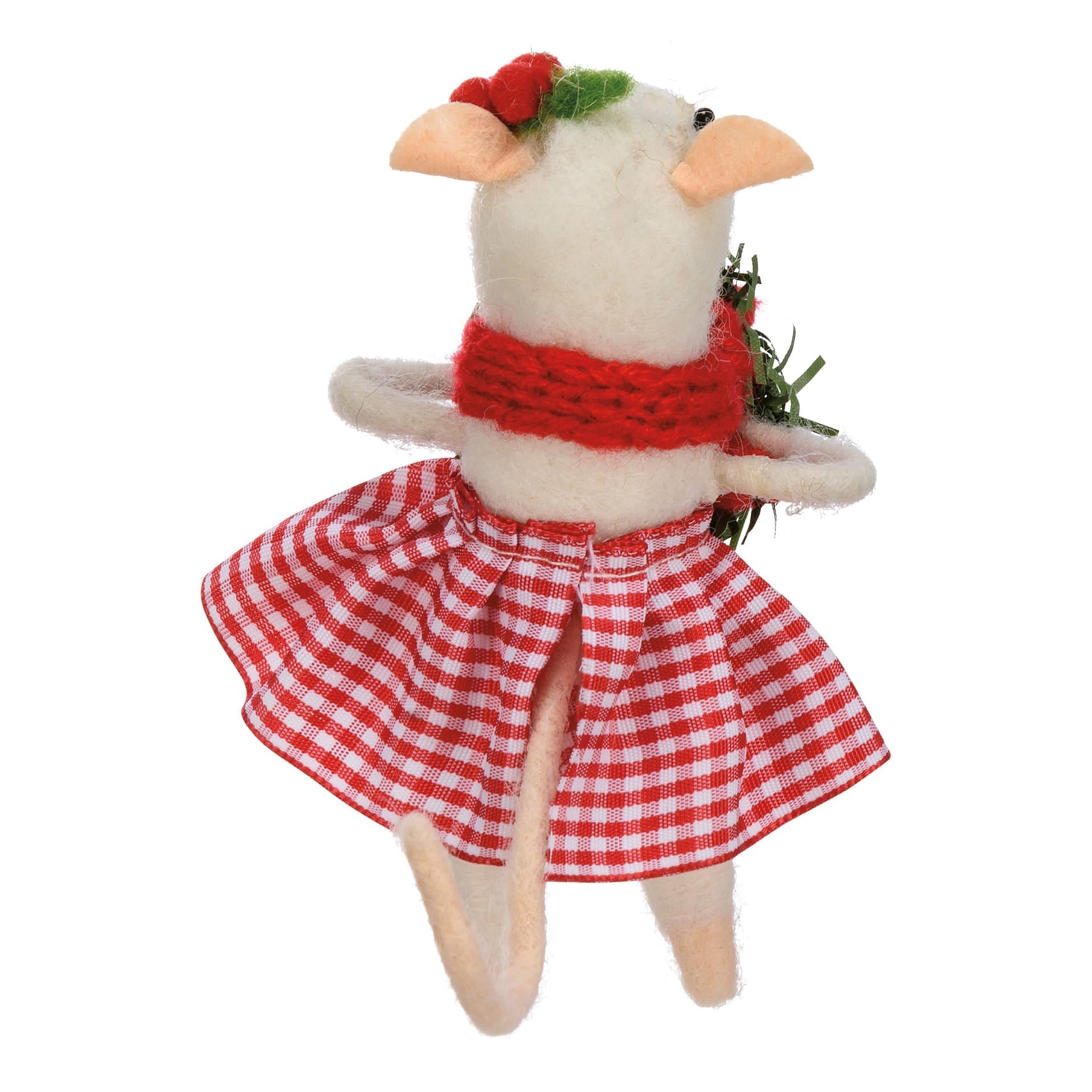White felt mouse critter ornament wearing a red scarf critter and gingham skirt from christmas mice critter set