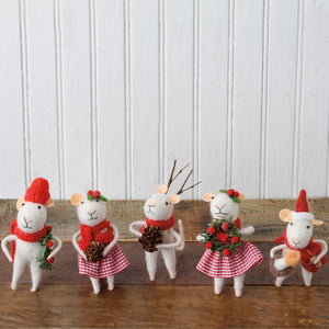 Five white felt mouse critter ornaments dressed in red scarf critters with pinecones and included hanger mice
