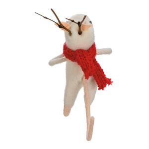 White felt reindeer ornament with twig antlers pink nose ears and red scarf critter from christmas mice critter set
