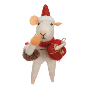A white felt sheep ornament with red santa hat and red scarf critter holding a red gift in the christmas mice critter set