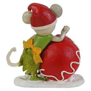 A festive bethany lowe design christmas mouse gidget figurine wearing a red santa hat and green outfit holding a red ball