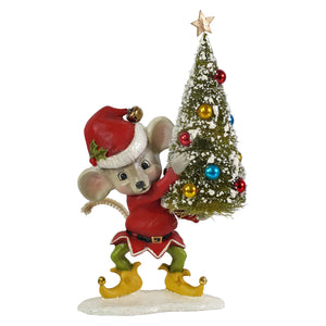 A charming bethany lowe christmas mouse gus figurine dressed as an elf in red with green boots holding a small tree