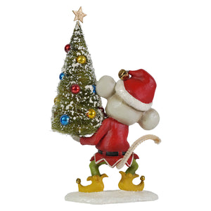 A festive red and white bethany lowe christmas mouse gus elf figurine holding a green tree with colorful ornaments