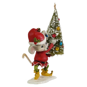 A festive bethany lowe christmas mouse gus figurine in red and white santa hat holding a colorful mini christmas tree